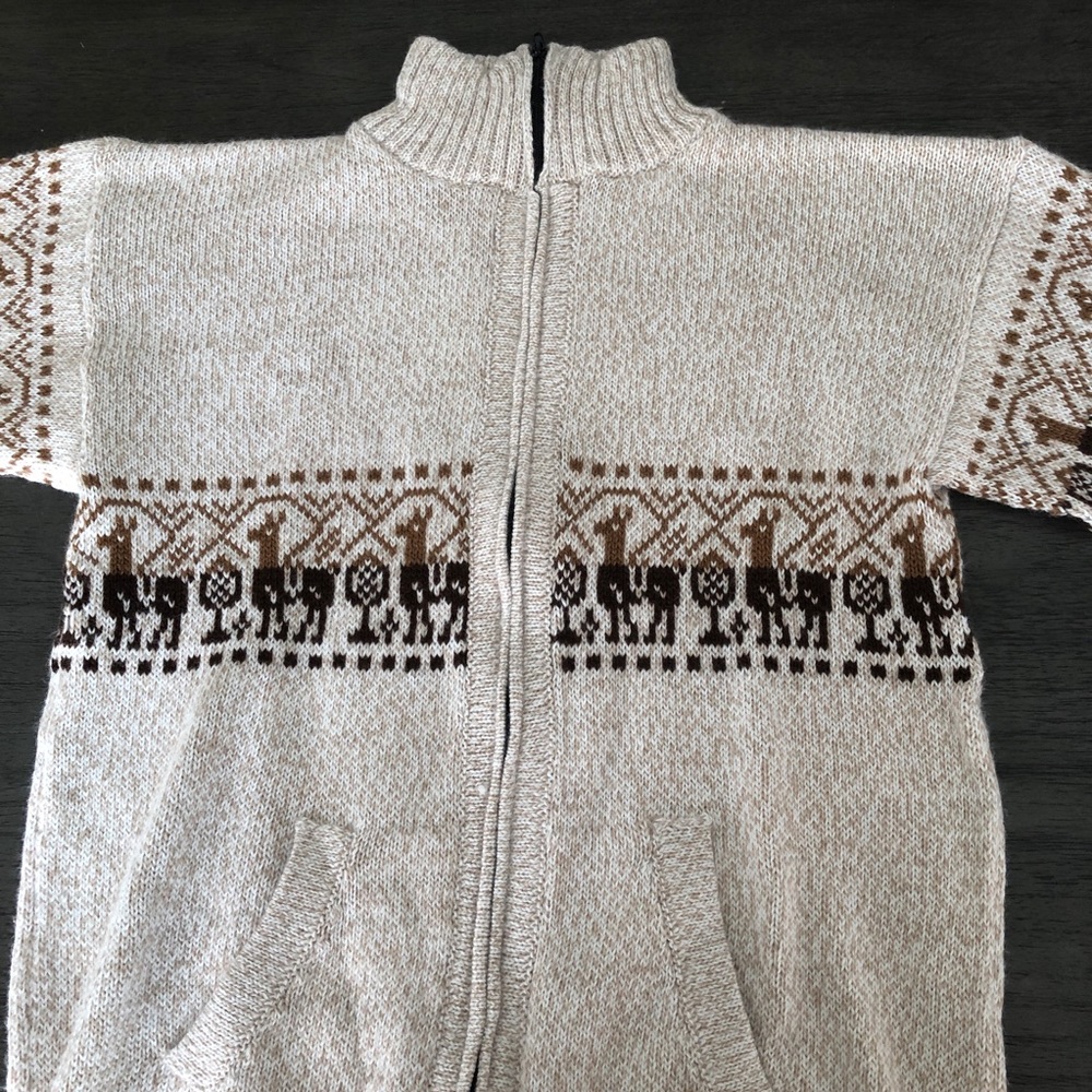 Alpaca Knit Zip Up Hoodie Cream Sweater Ethnic